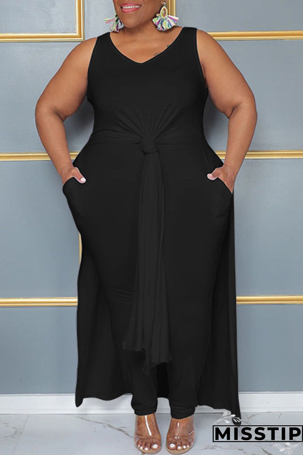 Blue Casual Solid Patchwork Slit V Neck Plus Size Two Pieces