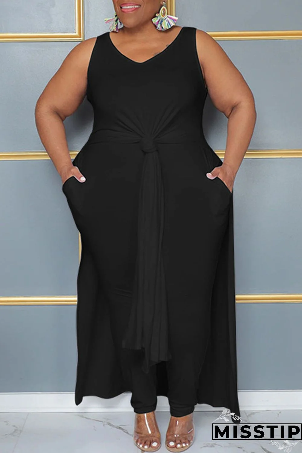 Blue Casual Solid Patchwork Slit V Neck Plus Size Two Pieces