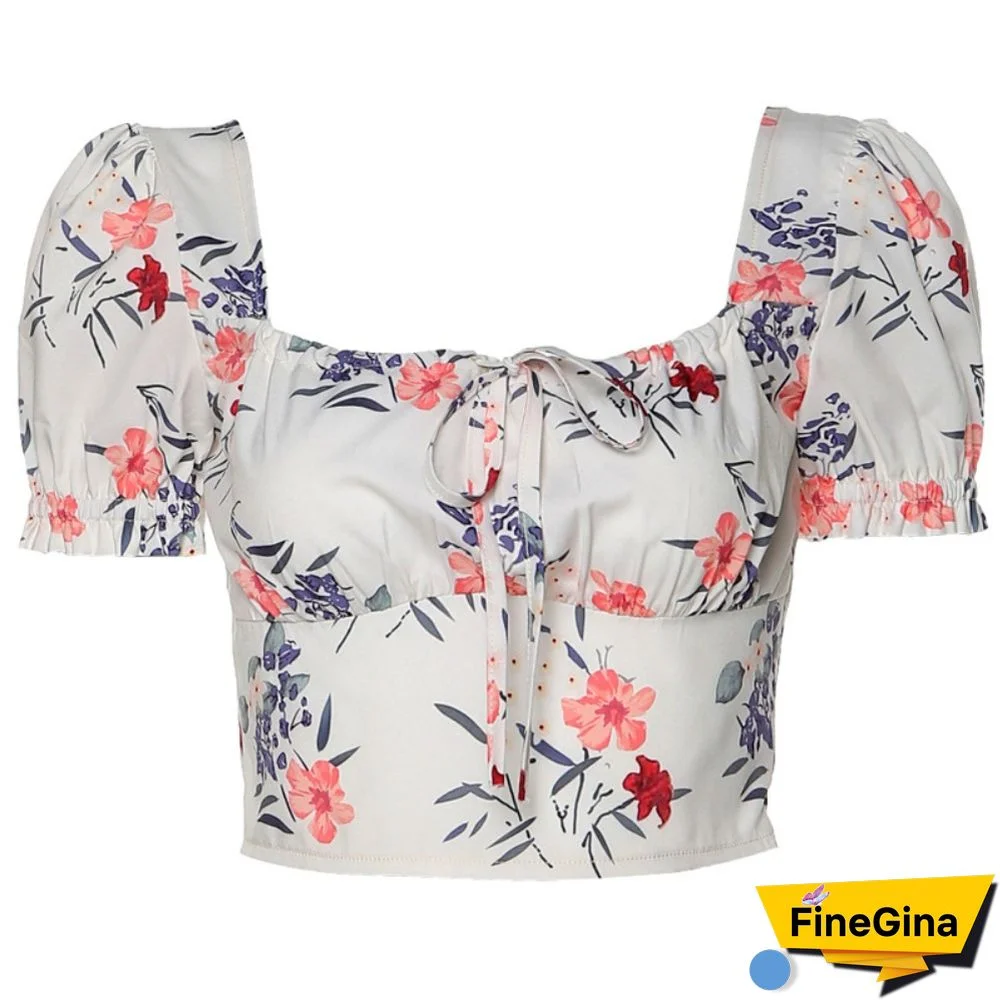 Summer New Fashion Sexy Floral Short Sleeve T-Shirts Summer Square Neck Tops Women Casual Exposed Navel Street Wear