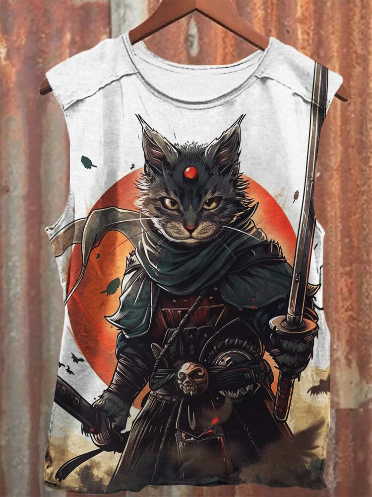 Men's Cat Warrior Art Print Casual Tank Top