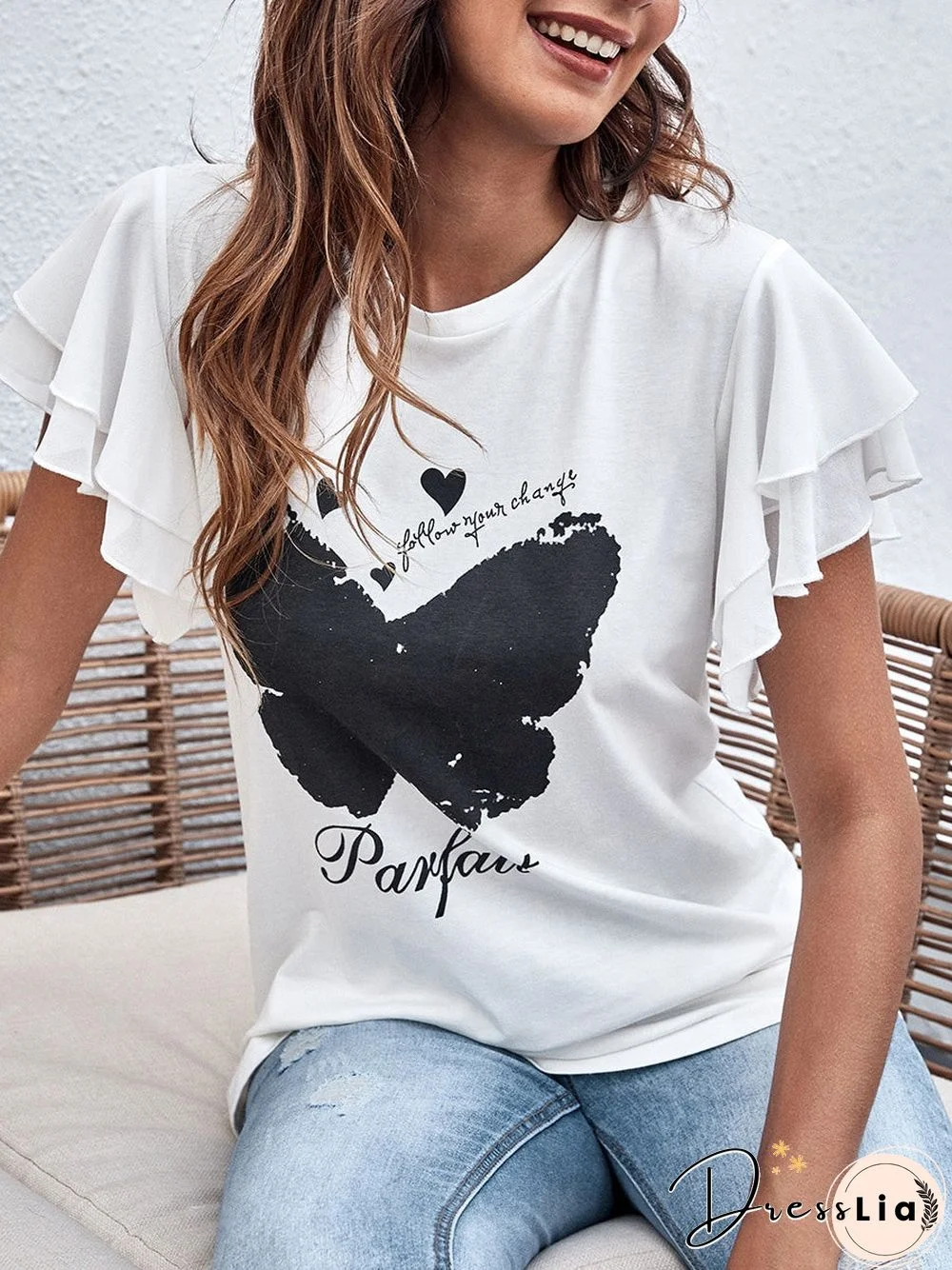 Women'S T-Shirts Butterfly Print Crew Neck Ruffle T-Shirt