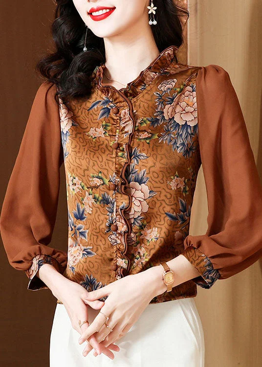 Unique Chocolate Ruffled Patchwork Print Silk Blouses Spring