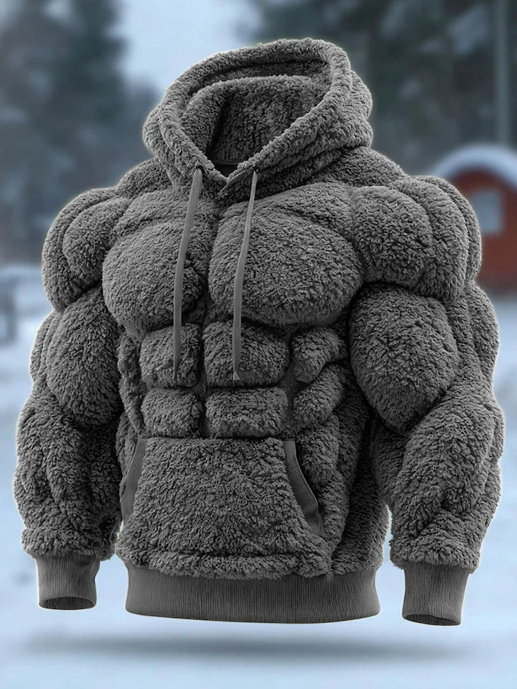 Men's Vintage Muscle Line Art Flannel Warm Cozy Hooded Sweatshirt