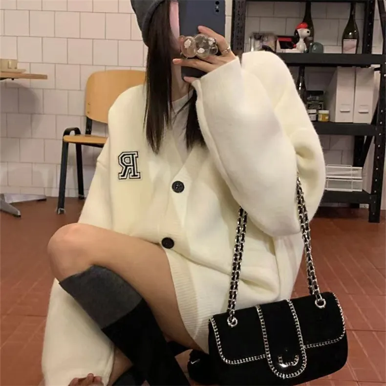 Churchf Churchf Wind Oversize Increase Thick Knit Letter Embroidered Sweater Coat Female Loose Autumn Winter Women's Clothing