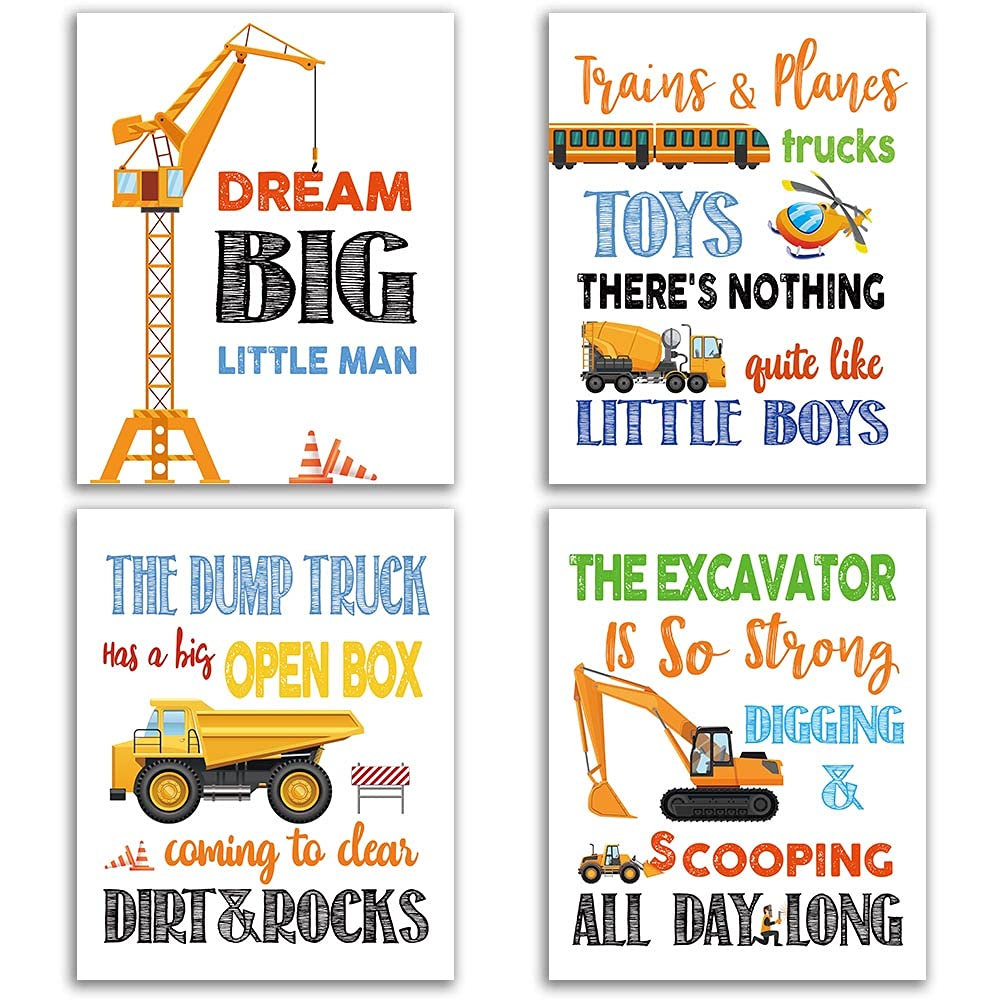 Cartoon Inspirational Quote Truck Nursery Poster Print Canvas Painting Color Excavator Wall Art Picture Baby Bedroom Home Decor