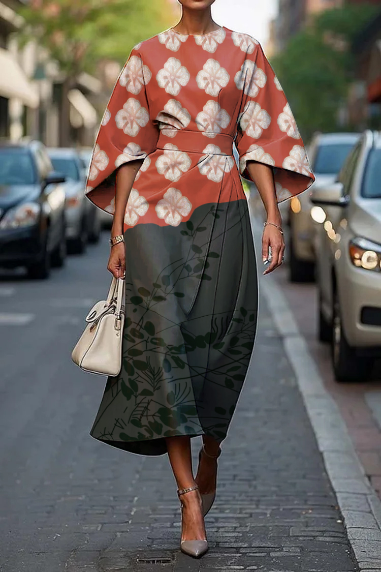 Women's Vintage Elegant Japanese Floral Print Midi Dress