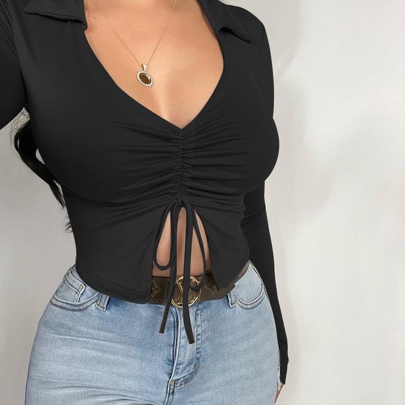WannaThis Women Turn Down Collar Drawstring Crop Tops Brown Autumn Sexy Casual Ruched Fashion Vintage Female Skinny T-shirt 2021