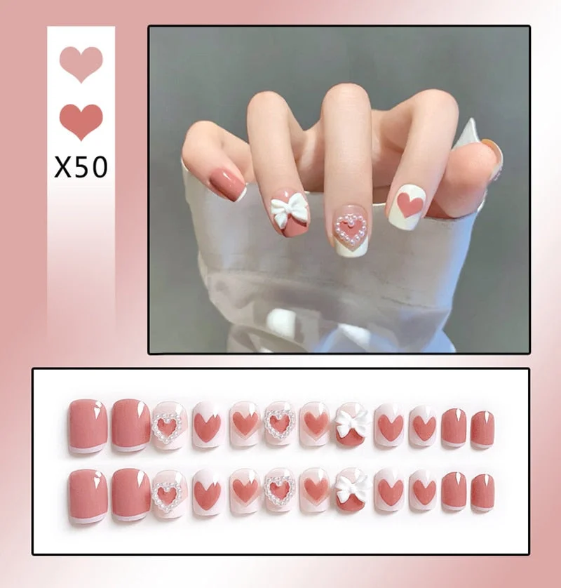 24Pcs/Set French Rhombus Designs False Nail Full Cover Fake Nails with Glue Detachable Wearable DIY Manicure Nail Art Tools-Nail Inspo