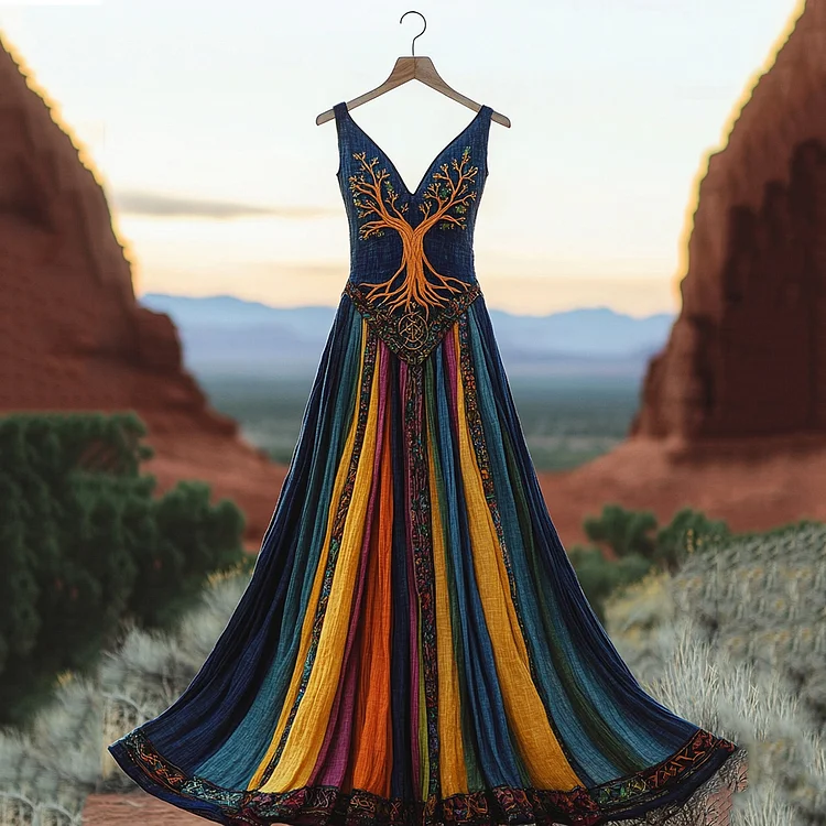 Women's Vintage Viking Tree Of Life Celtic Knot Colorful Patchwork Art Linen Vest Dress