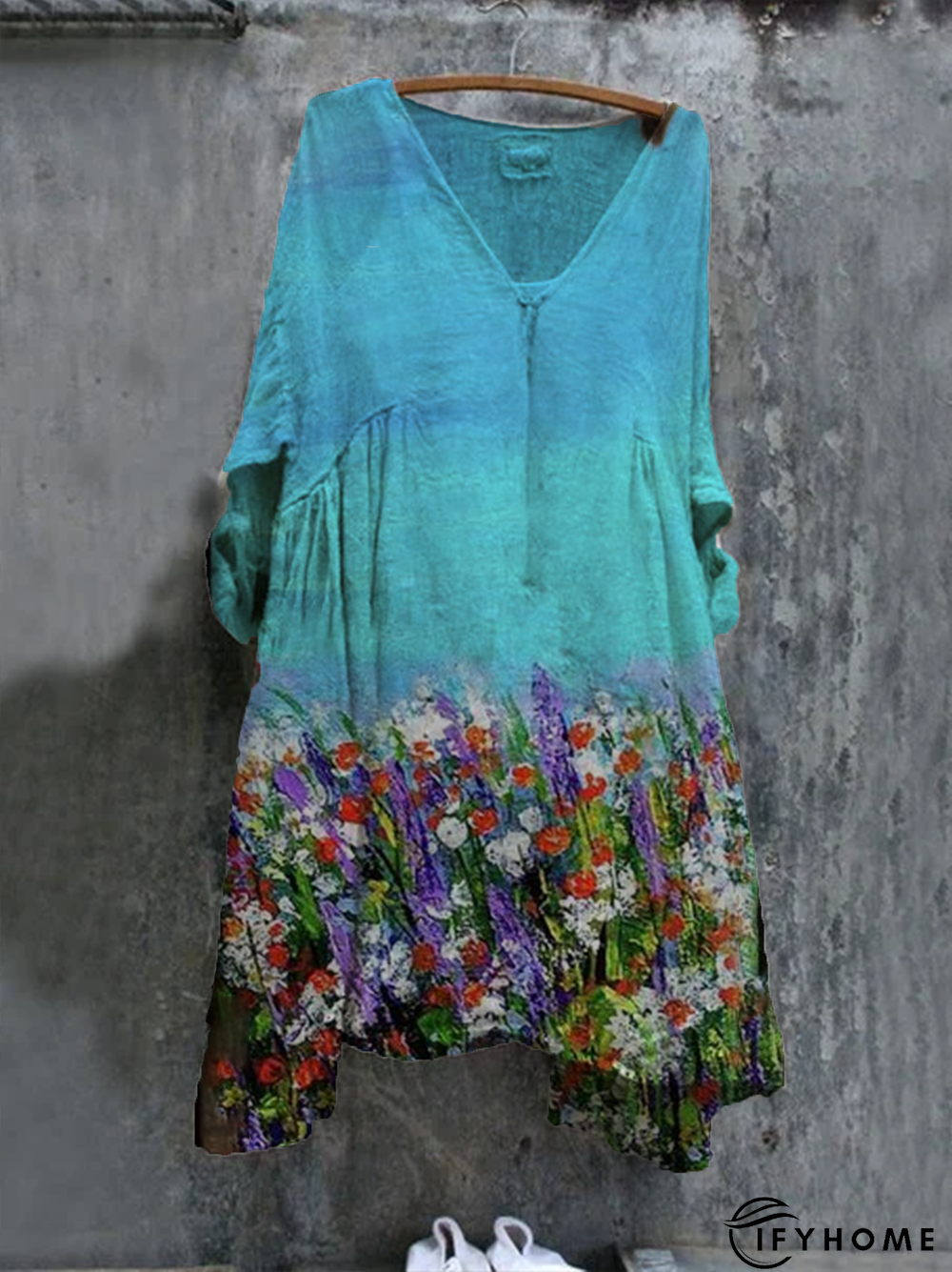 Plus Size Vintage Holiday Boho Shift 3/4 Sleeve V Neck Floral Weaving Dress | IFYHOME