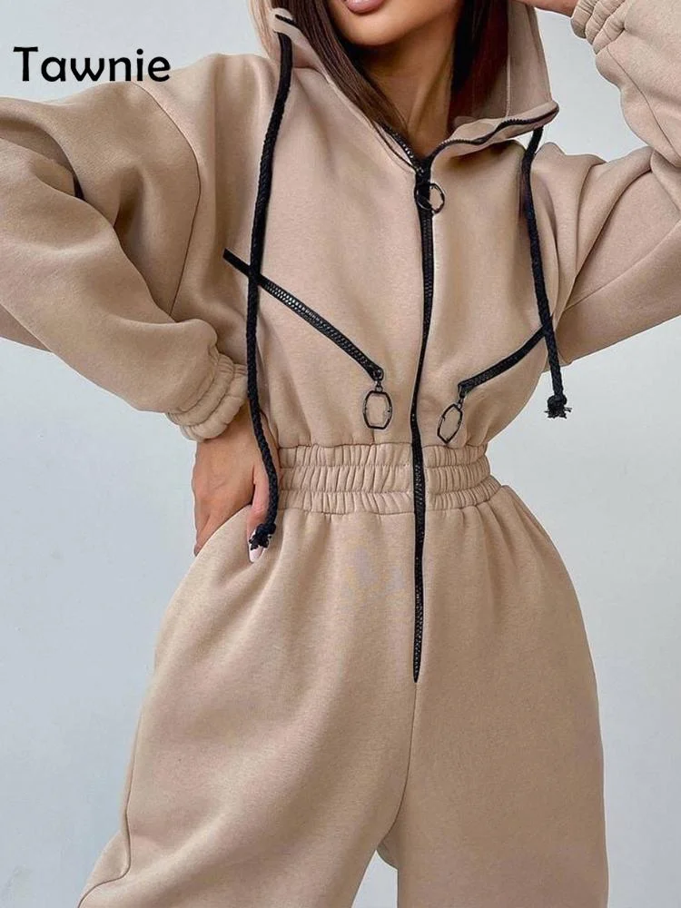 Tawnie Elegant Women's Jumpsuit Warm Overalls Fleece Hooded Zipper Drawstring Jumpsuit and Bodysuit Casual One Piece Ladies 2022