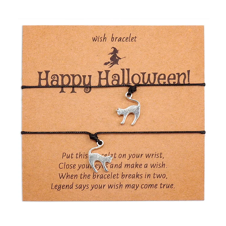 2 Pcs Halloween Bracelet Set Wish Bracelet Pumpkin Skull Witch Cat Skeleton Bracelets Adjustable Bracelet Halloween Gift for Kids Family Friends