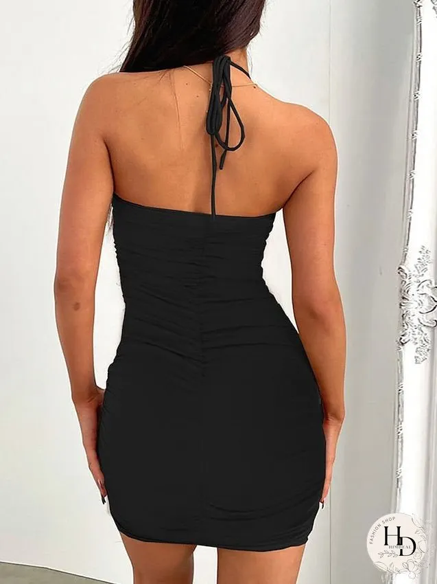Bodycon Sheath Dress Sexy Dress Mini Dress Black White Pink Sleeveless Pure Color Ruched Summer Spring Halter Party Slim S M L XL 2XL 3XL / Slip Dress for Women