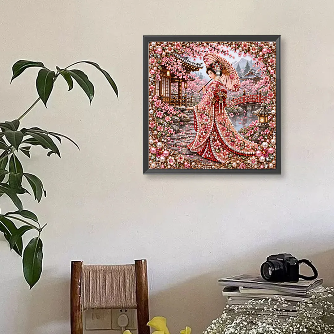 Special Shaped Diamond Painting Kit Geisha Cherry Blossom 40x40cm