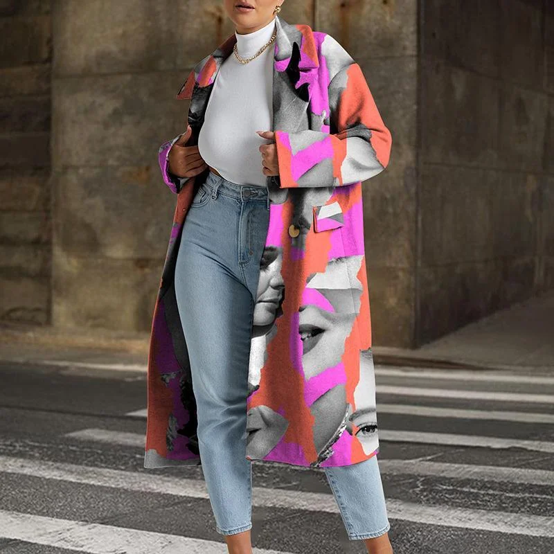 Leaves And Figure Printed Long Coat