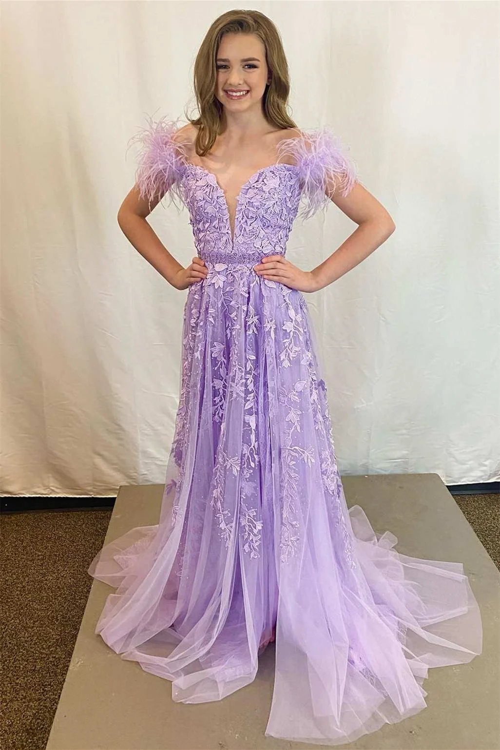 Bellasprom Lilac Off-The-Shoulder V-Neck A-Line Prom Dress With Appliques Feathers