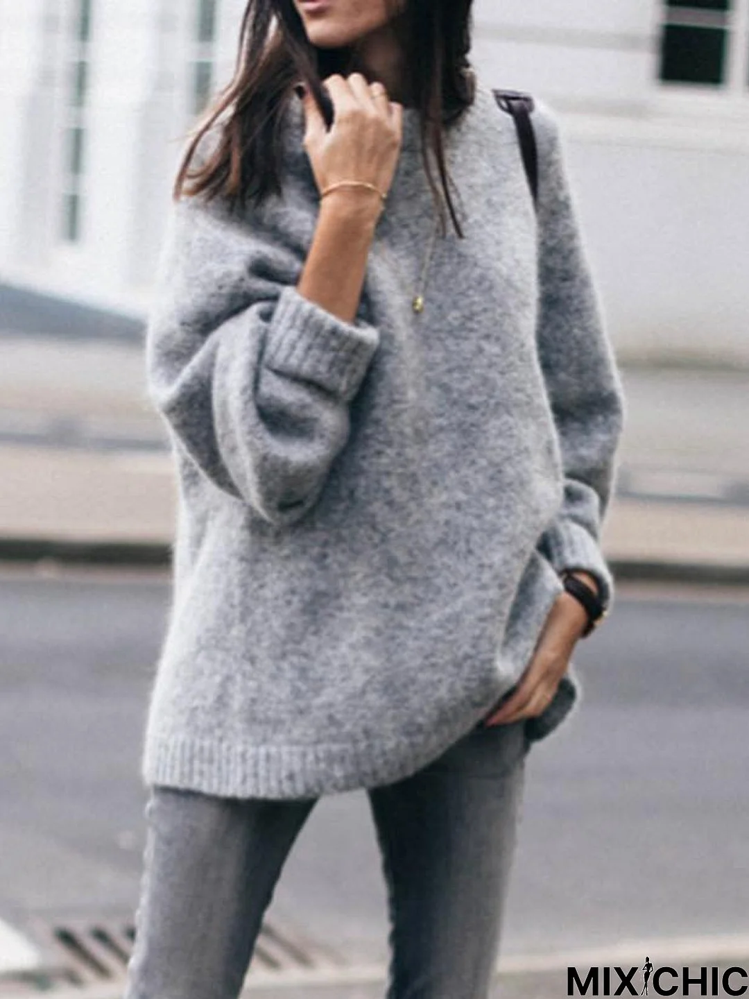 Grey Long Sleeve Knitted Solid Plus Size Sweater