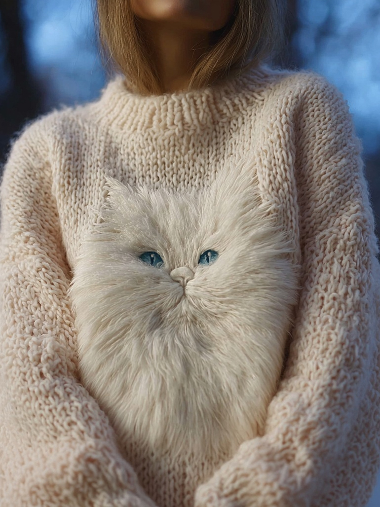Cute Fuzzy Cats Embroidered Cozy Knit Sweater elevenforest