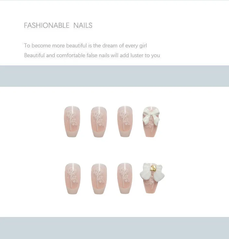 24pcs White Butterfly Nail Patch Glue Type Removable Long Paragraph Fashion Manicure Fake Nail Patch TY-Nail Inspo