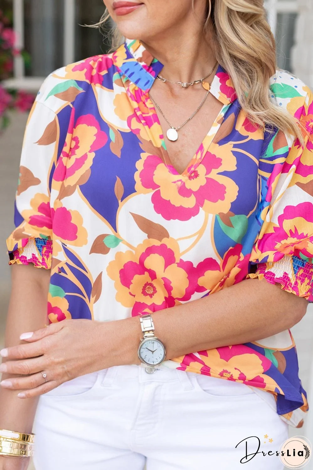 Rose Red Floral Print Split Neck Short Puff Sleeve Plus Blouse