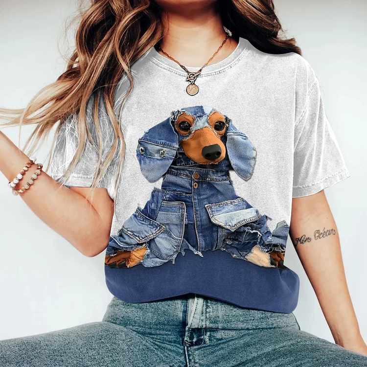 Utbros Women's Cute Dachshund Denim Patchwork Print Casual T-shirt
