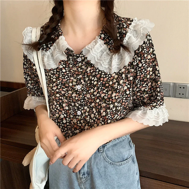 Jangj Pan Collar Lace Floral Shirt 2022 Spring Summer Prairie Chic Style Blouse Short Sleeve Sweet Style Shirt for Female