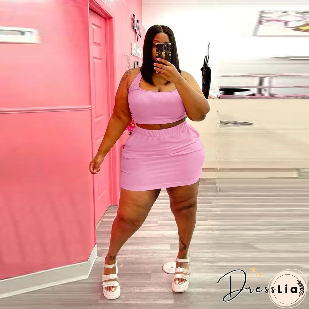 Plus Size Summer Solid Women Square Neck Sleeveless Crop Top+Elastic Waist Mini Skirt 2 Piece Set