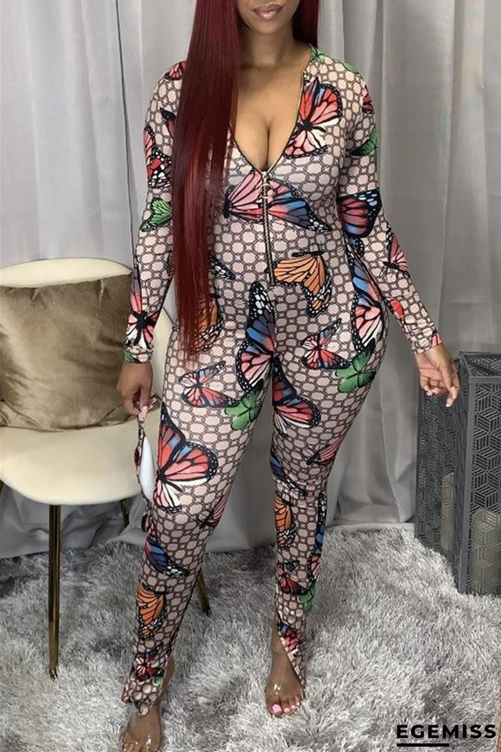 Khaki Fashion Casual Print Butterfly Print Slit Pants Zipper Collar Skinny Jumpsuits | EGEMISS