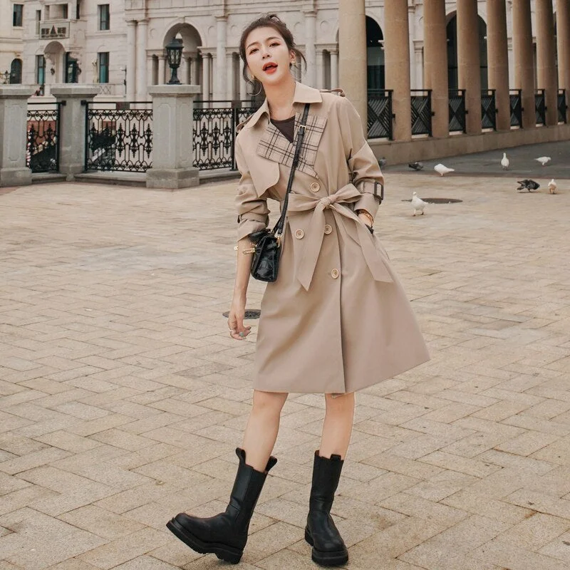 Fashion England Style Women Trench Coat Double-Breasted Long Duster Coat Plaid Patchwork Outerwear Spring Autumn Windbreaker
