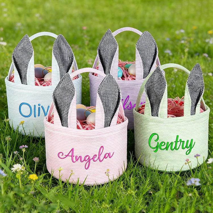 Personalized Embroidered Seersucker Easter Basket, Bunny Design
