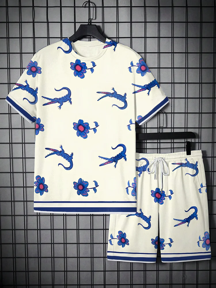 Men's Alligator And Flowers Art Print T-Shirt Shorts Set