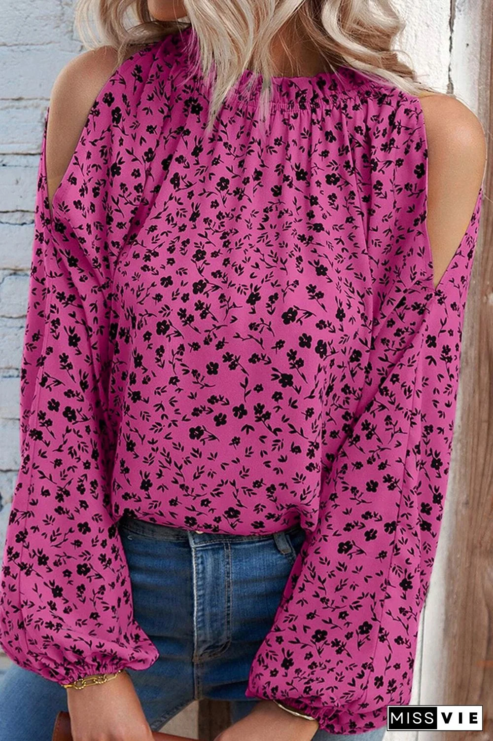 Cold Shoulder Frilled Collar Floral Blouse