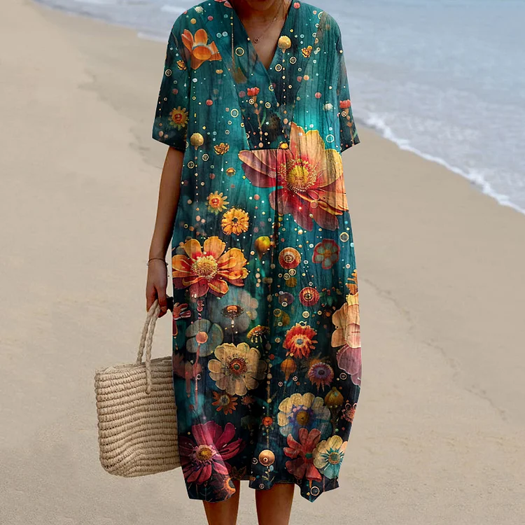 Women's Floral Embroidery Art Linen V-neck Dress