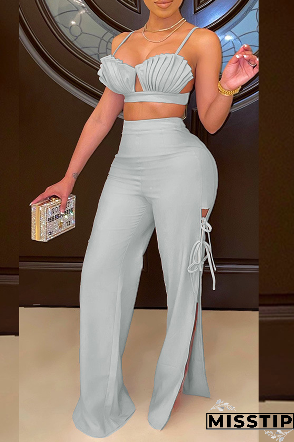 Grey Sexy Solid Fold Spaghetti Strap Sleeveless Two Pieces