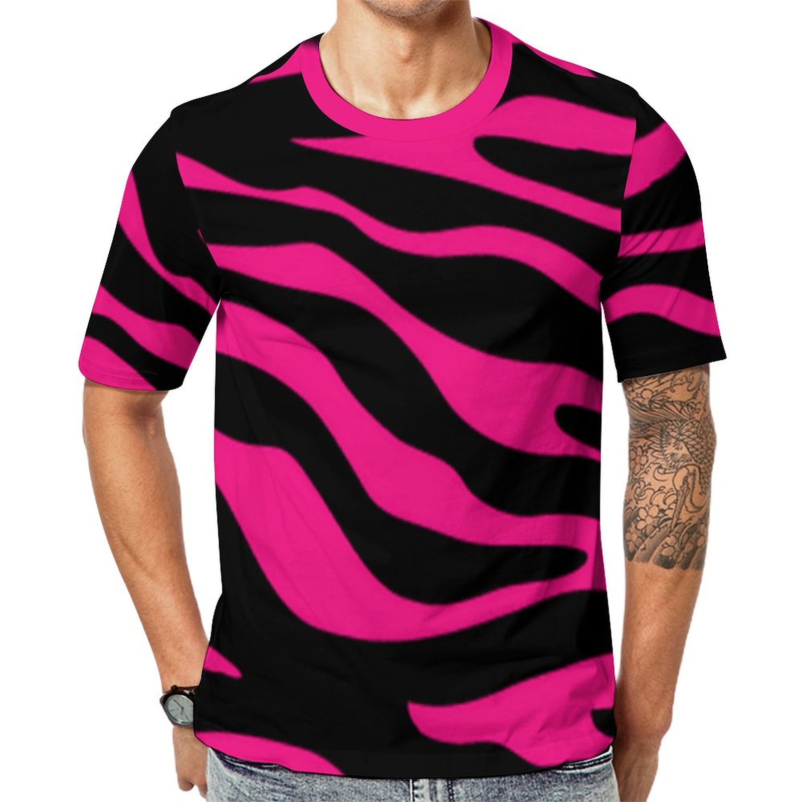 Hot Pink Zebra Stripes Animal Print Short Sleeve Print Unisex Tshirt Summer Casual Tees for Men and Women Coolcoshirts