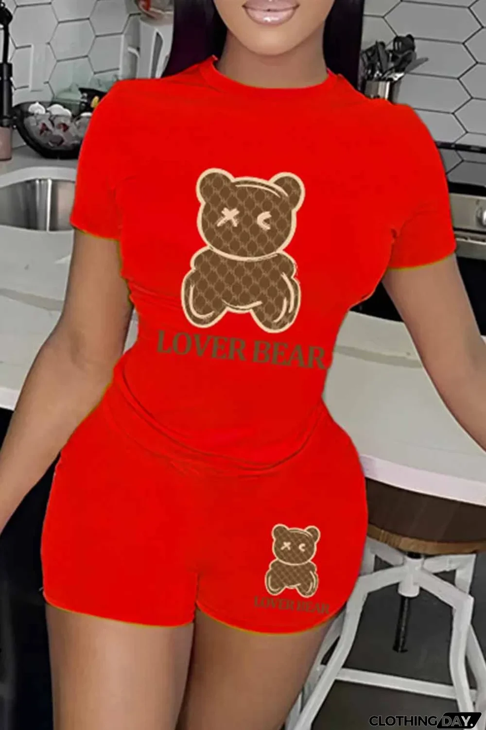 Purple Casual Print Letter O Neck Short Sleeve Two Pieces