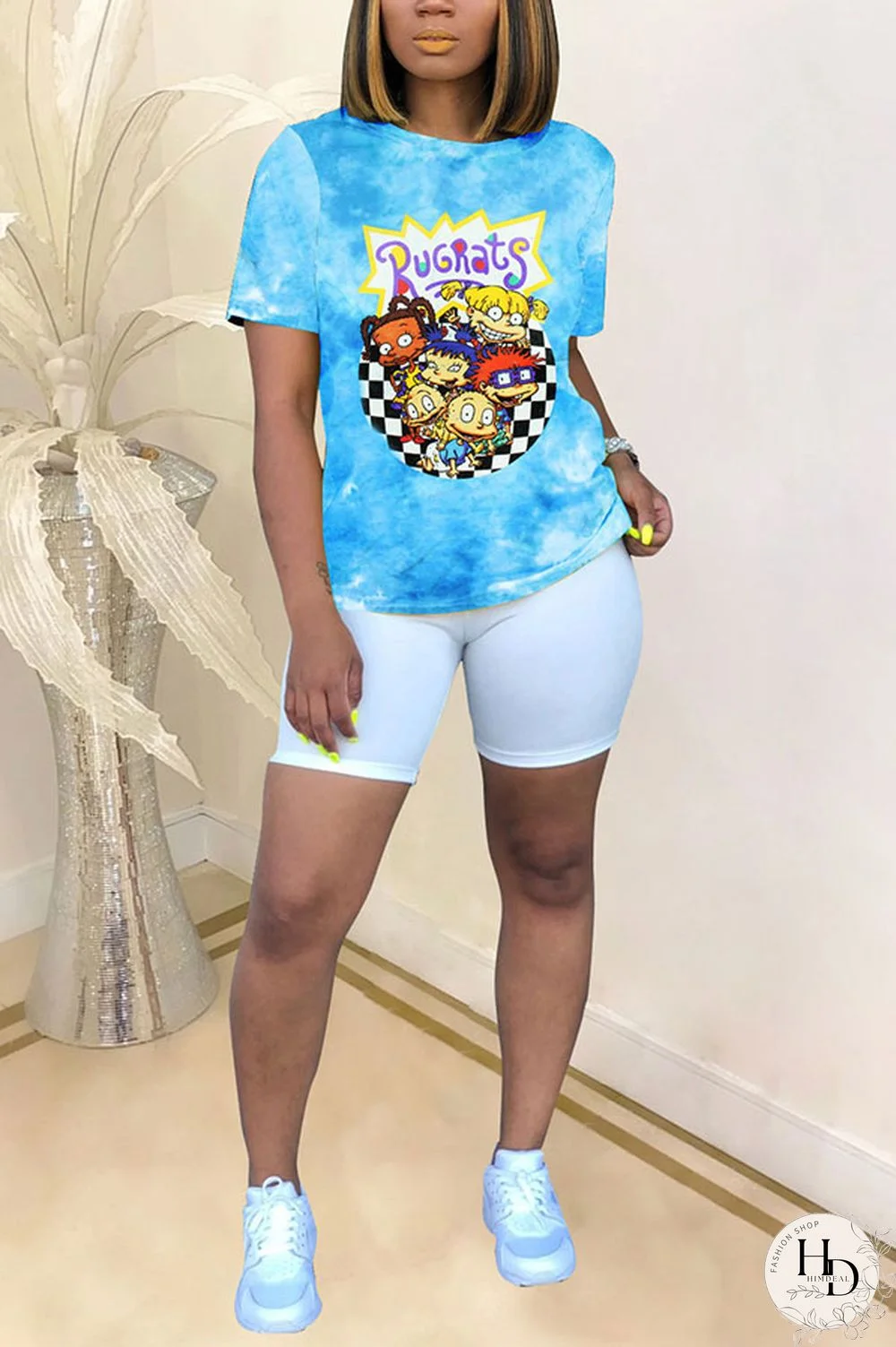 Blue White Blue Orange Yellow colour Polyester O Neck Short Sleeve Patchwork Print Character Tops