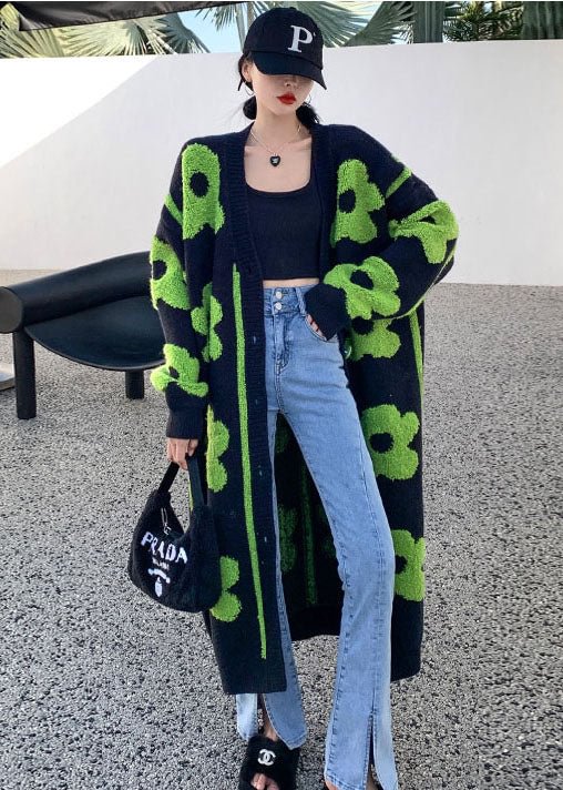 Plus Size Black Green Floral print Knit coats Spring CK2948- Fabulory
