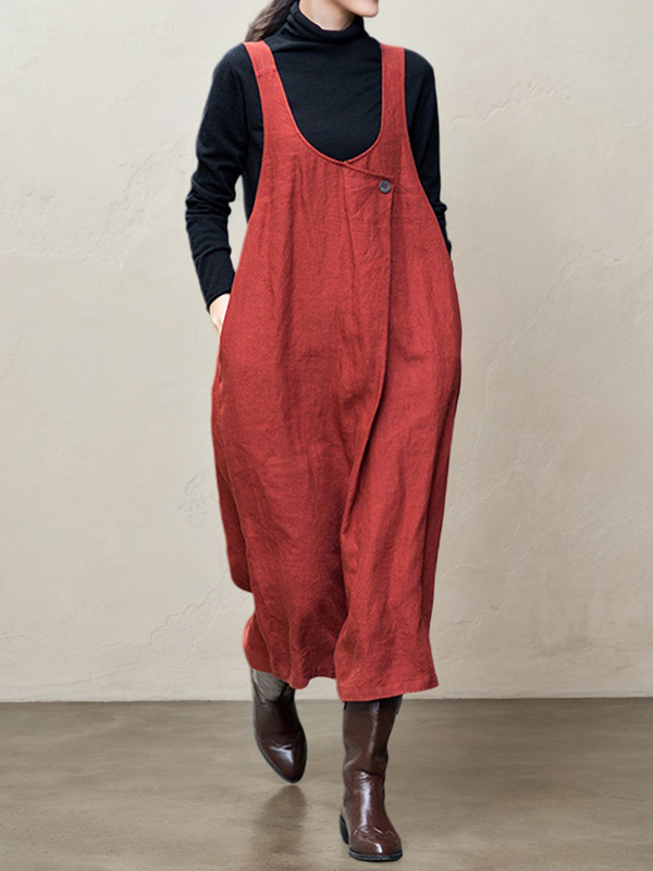 Adjustable Strap Solid Color Linen Loose Midi Dress