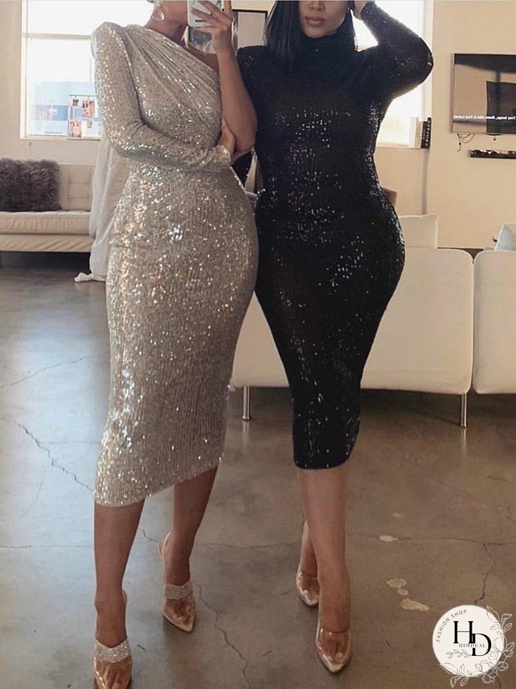 Dresses Fashion Sequined One-Shoulder Wrap-Up Evening Dress for Women