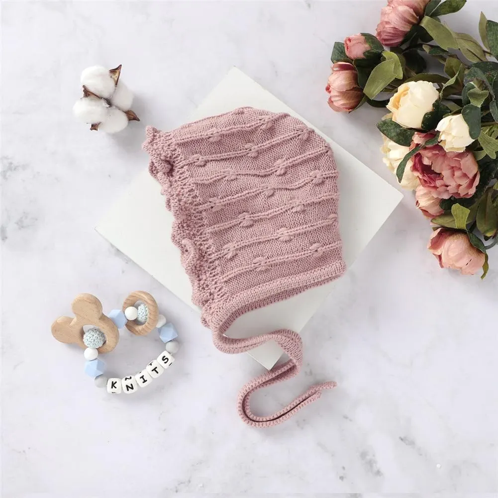 Infant Baby Knit Hat Soft Cute Beanie Hat Winter Christening Bonnet with Chin Strap Solid Color Winter Warm Accessories Caps
