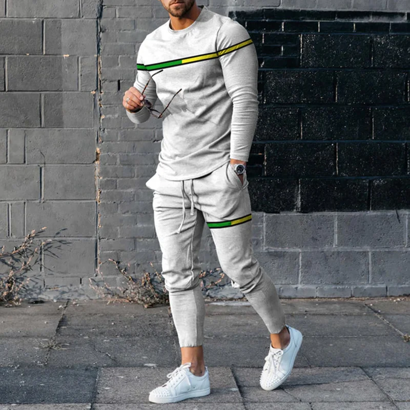 Simple Stripe Contrast Print T-Shirt And Pants Co-Ord