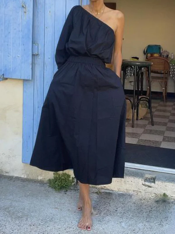 Woherb Woherb 2024 Summer New Women's Fashion Inclined Shoulder Jacket Long Skirt Suit Two Sets-Outfit Ideas