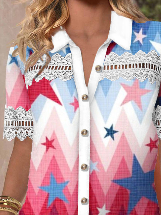 Women Short Sleeve Shirt Collar National Flag Striped Printed Graphic Button Lace Tops