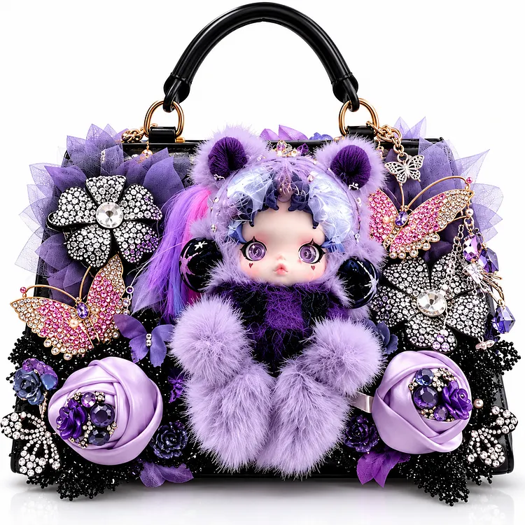 Handmade Purple Gothic Doll Handbag &ndash; Luxury Rhinestone Butterfly Floral Statement Bag for Women，Enchanted Purple Doll Handbag &ndash; Handmade Rhinestone Butterfly & Floral Luxury Statement Purse