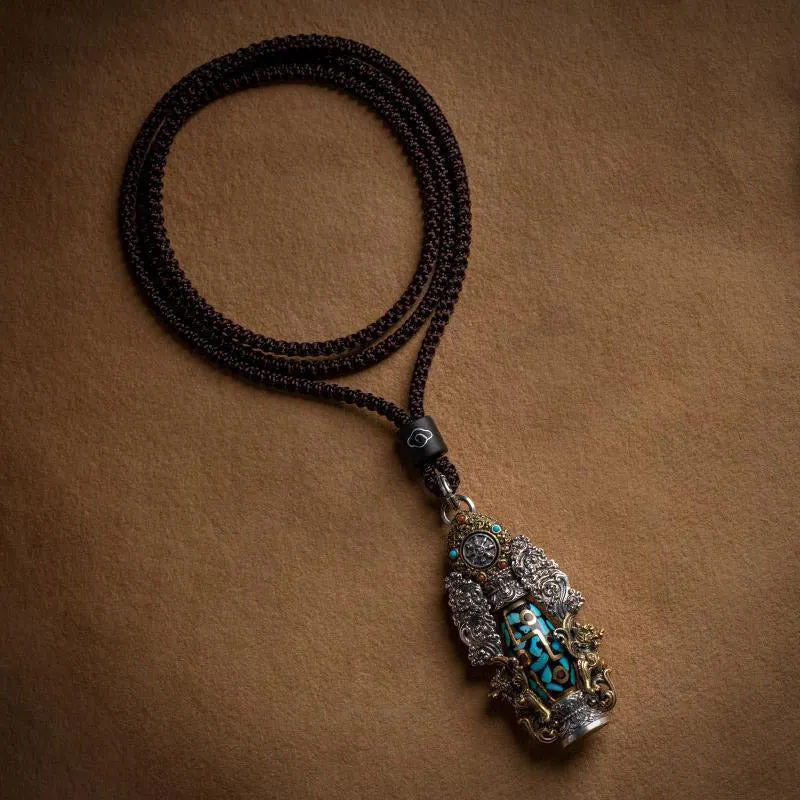 Tibetan Nine-Eye Dzi Bead Turquoise Buddha Wealth Rotation Necklace