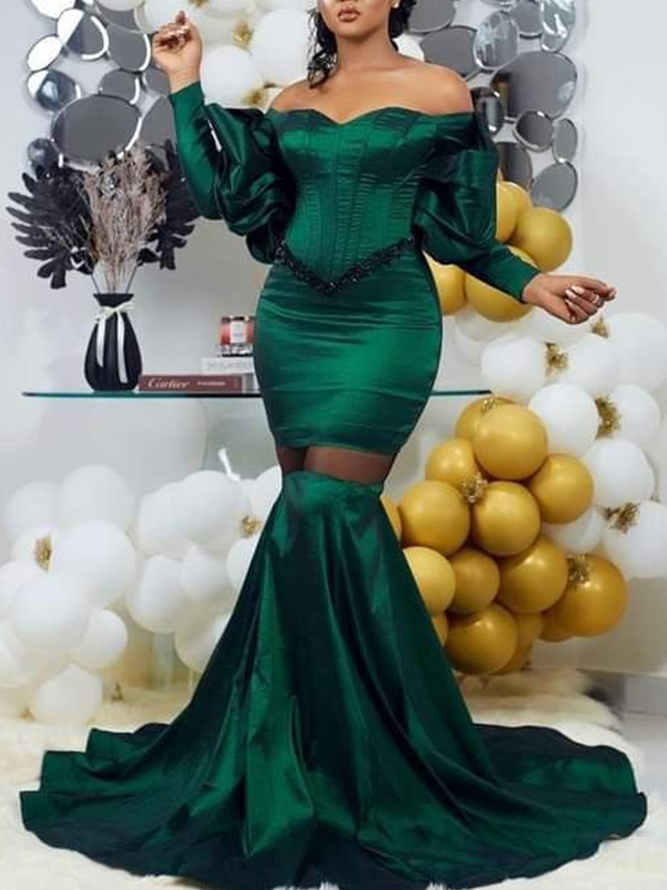 Off-The-Shoulder Solid Color Split-Joint Mesh Mermaid Maxi Dress