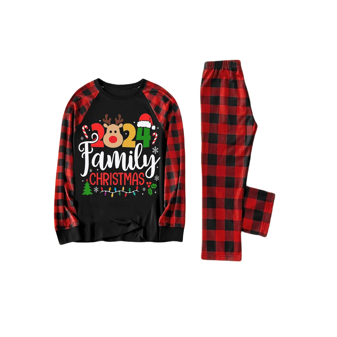 Cute Deer and "2024 Family Christmas" Text Print Black & Red Plaid Christmas Matching Pajamas