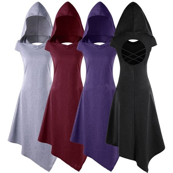 Women Casaul Back Hollow Asymmetrical Hooded Long Dress - Shop Trendy Women's Fashion | TeeYours