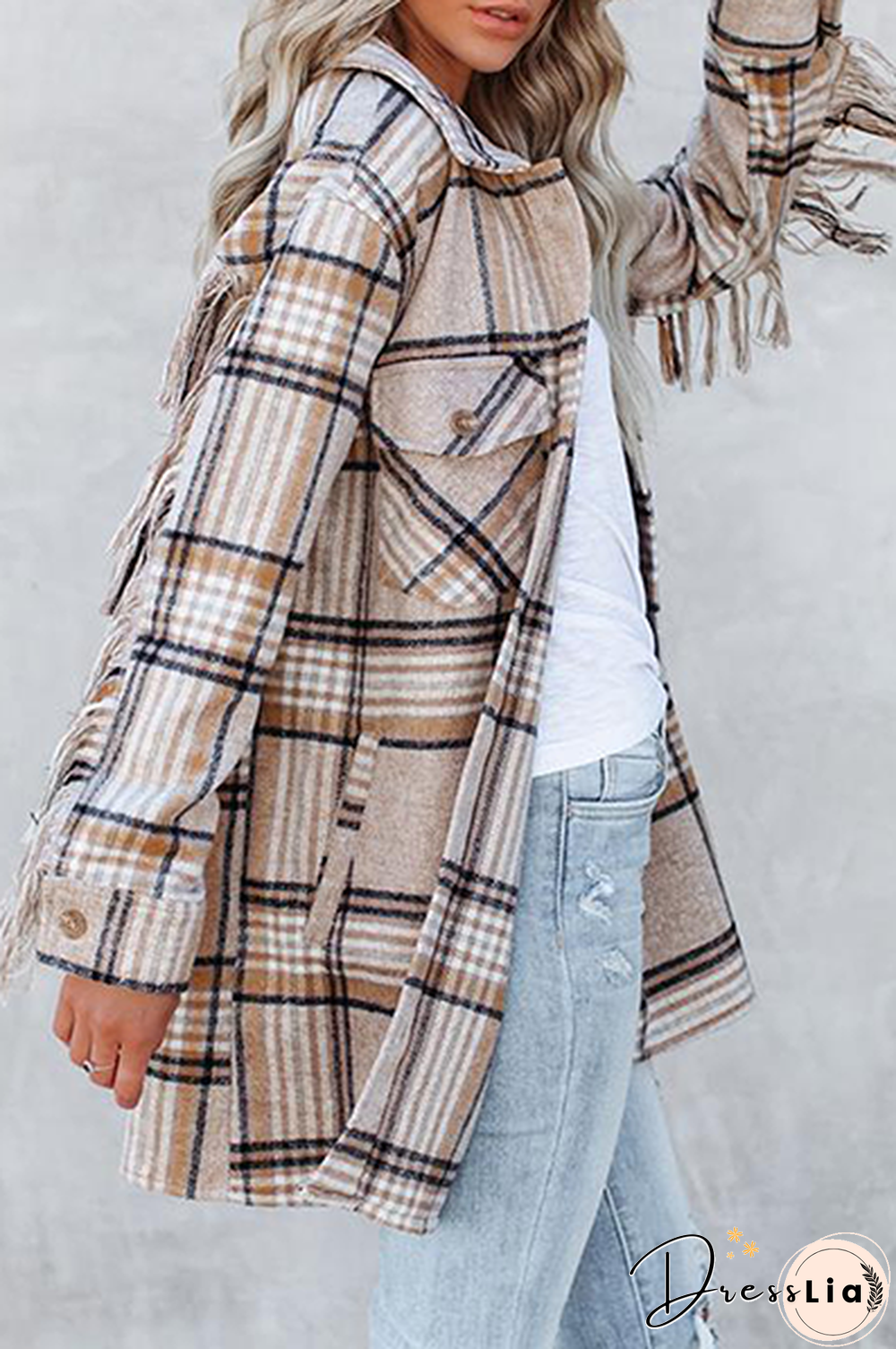 Casual Plaid Tassel Buckle Turndown Collar Outerwear